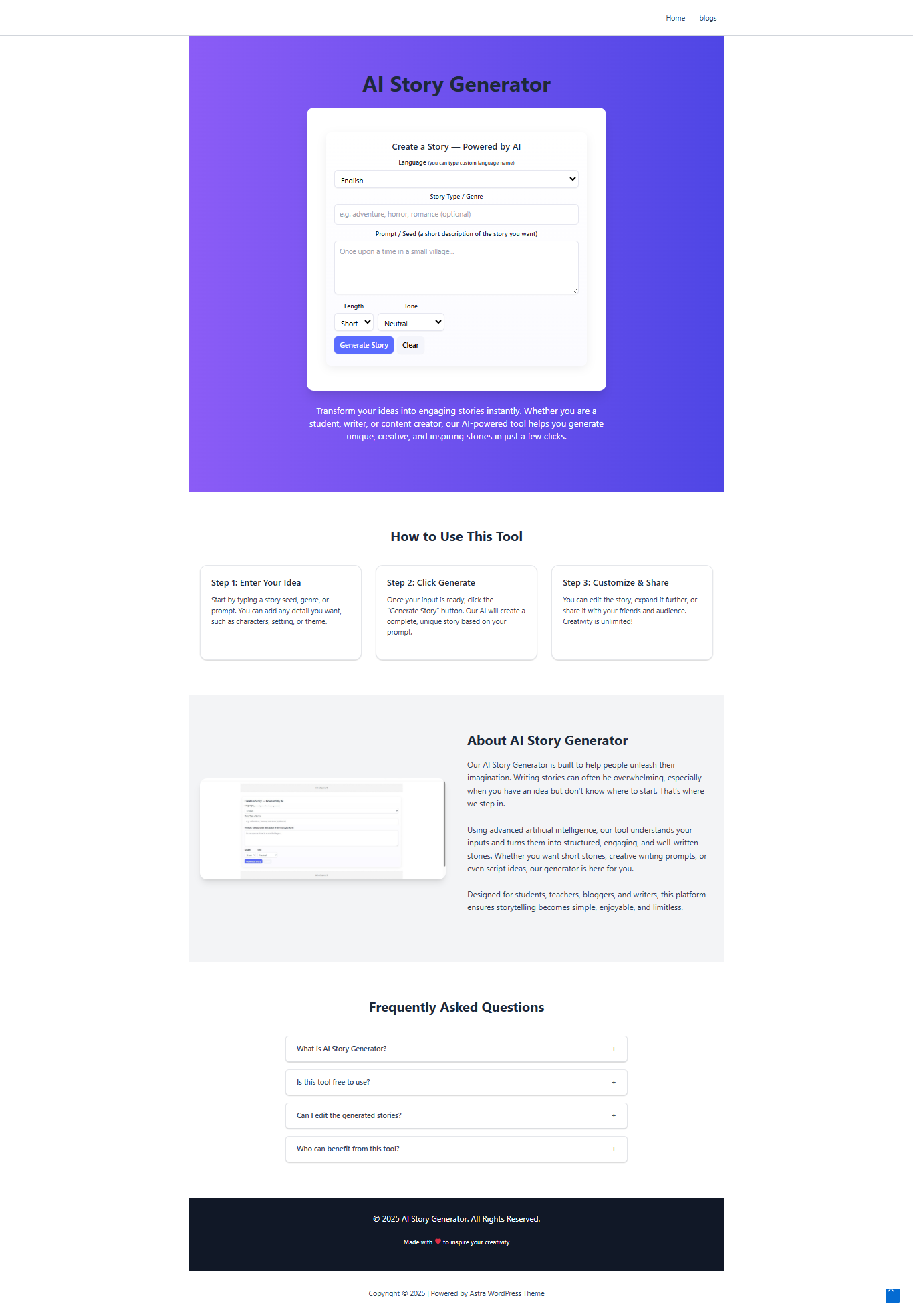 I will create a responsive homepage for your AI Story Generator tool